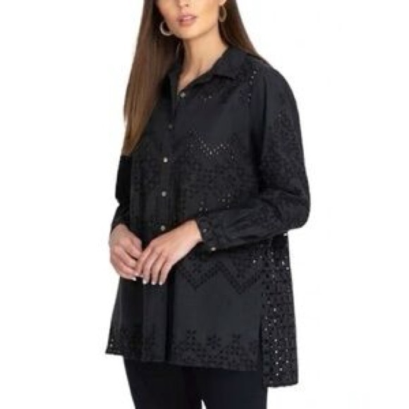 Jade by Johnny Was - Lynx Eyelet Black Long Sleeve Button Down Shirt - Large - Picture 1 of 5